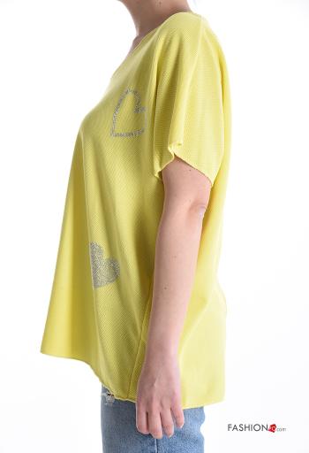 heart motif short sleeve Sweater with v-neck with rhinestones with pearls - ph 3