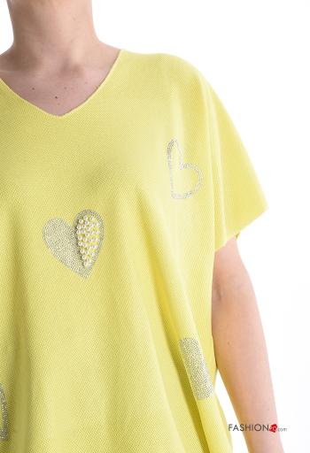 heart motif short sleeve Sweater with v-neck with rhinestones with pearls - ph 4