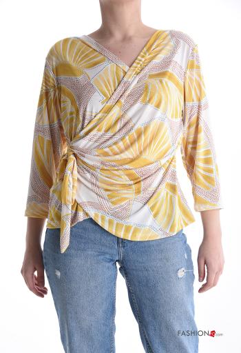 Blusa maniche lunghe Fantasia astratta con fiocco scollo a V
