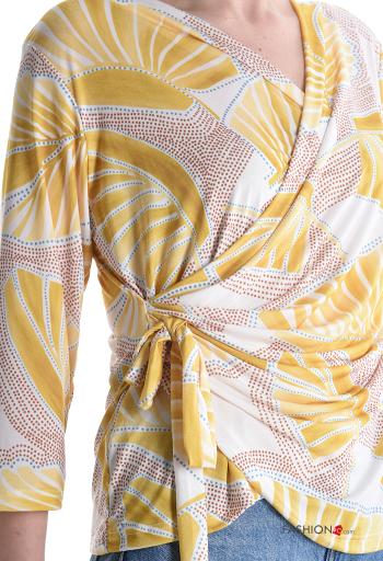 Blusa maniche lunghe Fantasia astratta con fiocco scollo a V - ph 4