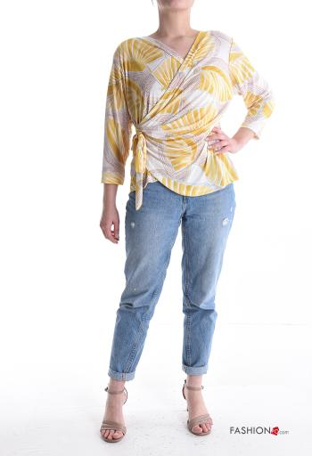 Blusa maniche lunghe Fantasia astratta con fiocco scollo a V - ph 5
