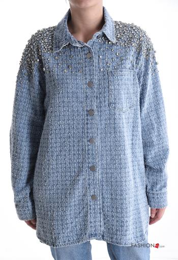 long sleeve with collar Cotton Shirt with buttons with rhinestones with pockets - ph 1