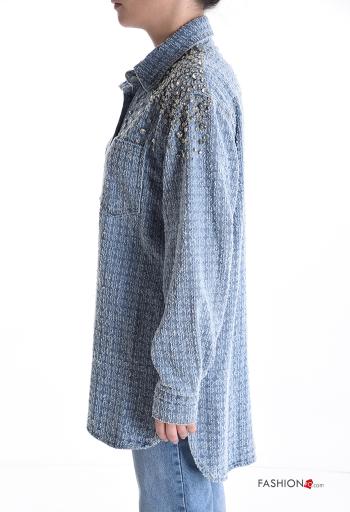 long sleeve with collar Cotton Shirt with buttons with rhinestones with pockets - ph 3