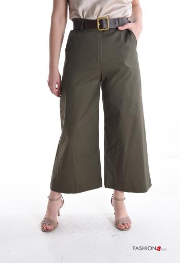 wide leg Cotton Trousers with belt with buttons with zip with pockets