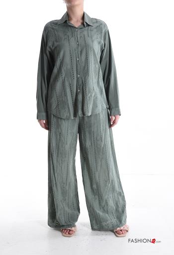 Embroidered long sleeve with collar wide leg Cotton Co-ord with buttons with elastic - ph 1