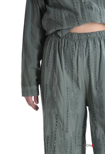 Embroidered long sleeve with collar wide leg Cotton Co-ord with buttons with elastic - ph 4