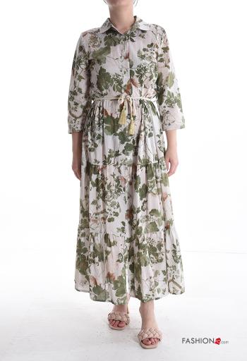 Vestido camisero de Algodón con cuello Estampado lugares y países manga tres cuartos con botones con volantes con cinturón de cuerda