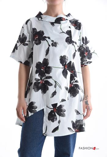 Blusa in Cotone asimmetrico oversize maniche corte Fantasia floreale