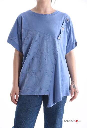 T-shirt in Cotone asimmetrico maniche corte girocollo Fantasia ricamata con bottoni