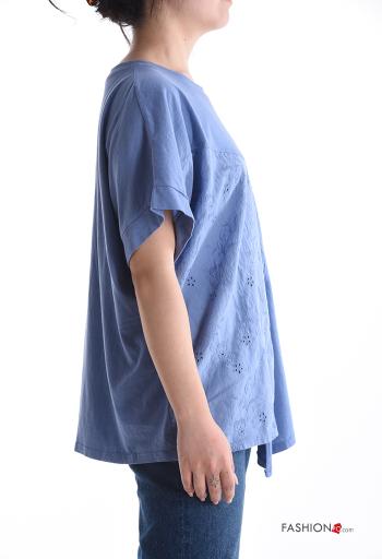 T-shirt in Cotone asimmetrico maniche corte girocollo Fantasia ricamata con bottoni - ph 3