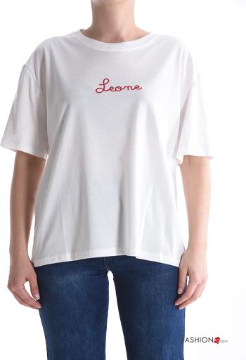 Aufschriftes Muster kurze ärmel u-boot ausschnitt T-shirt aus Baumwolle