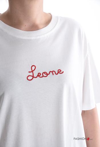 Aufschriftes Muster kurze ärmel u-boot ausschnitt T-shirt aus Baumwolle - ph 4