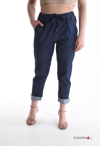 Calças em Algodão denim com bolsos com elástico