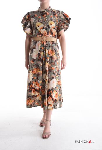 Blumenmuster kurze ärmel mit kragen volantärmel Kleid aus Baumwolle mit Gürtel mit Knöpfen