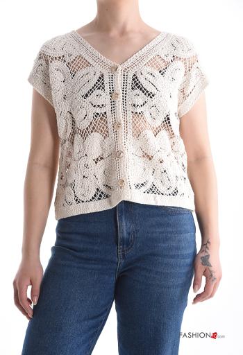 Chaqueta de punto de Algodón manga corta crochet Patrón bordado con botones con cuello en v