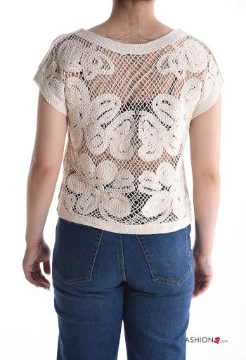 Embroidered short sleeve knitted Cotton Cardigan with buttons with v-neck - ph 2