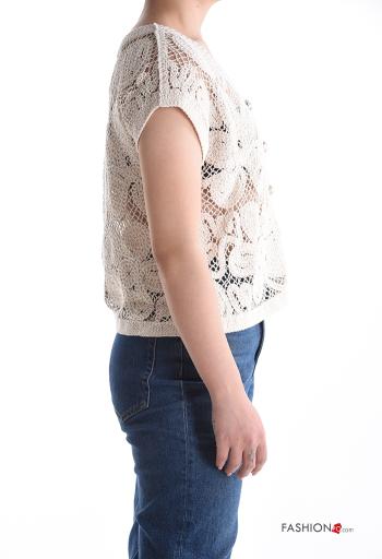 Embroidered short sleeve knitted Cotton Cardigan with buttons with v-neck - ph 3