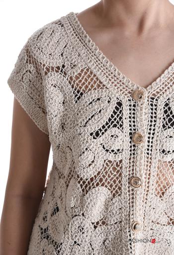 Embroidered short sleeve knitted Cotton Cardigan with buttons with v-neck - ph 4