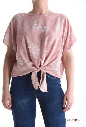 Blusa maniche corte girocollo Fantasia stampata con nodo