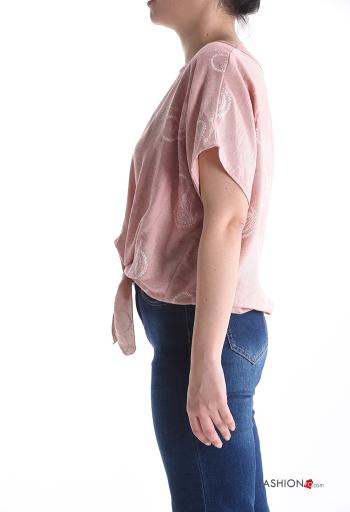 Blusa maniche corte girocollo Fantasia stampata con nodo - ph 3