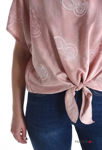 Blusa maniche corte girocollo Fantasia stampata con nodo - ph 4