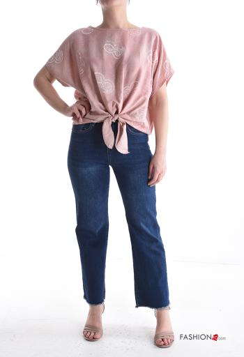 Blusa maniche corte girocollo Fantasia stampata con nodo - ph 5