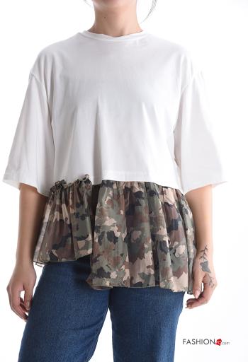 Camouflage print crew neck Cotton T-shirt with flounces 3/4 sleeve