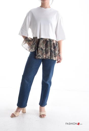 Camouflage print crew neck Cotton T-shirt with flounces 3/4 sleeve - ph 5