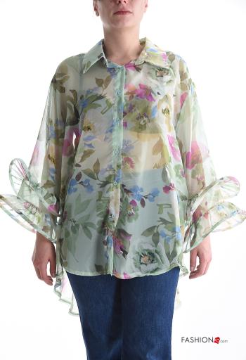 Blumenmuster volantärmel mit kragen chiffon lange ärmel Hemd mit Volants mit Knöpfen