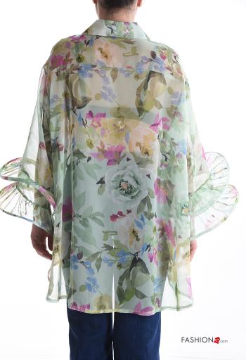 Blumenmuster volantärmel mit kragen chiffon lange ärmel Hemd mit Volants mit Knöpfen - ph 2
