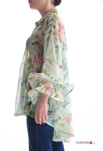 Blumenmuster volantärmel mit kragen chiffon lange ärmel Hemd mit Volants mit Knöpfen - ph 3