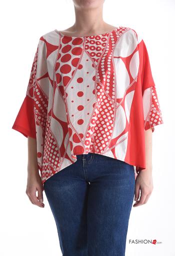 Blusa in Cotone girocollo Fantasia pois maniche a tre quarti