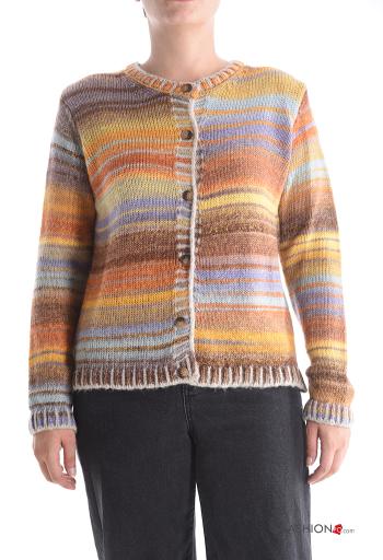 Multicoloured long sleeve crew neck Wool Mix Cardigan with buttons