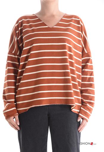 Striped Cotton Long sleeved top with v-neck
