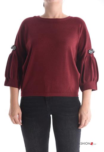 puff sleeve crew neck Sweater with rhinestones 3/4 sleeve - ph 1