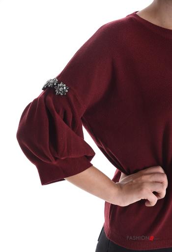 puff sleeve crew neck Sweater with rhinestones 3/4 sleeve - ph 5