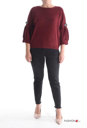 puff sleeve crew neck Sweater with rhinestones 3/4 sleeve - ph 6