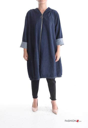 Giacca in Cotone lungo denim maniche lunghe con zip con cappuccio