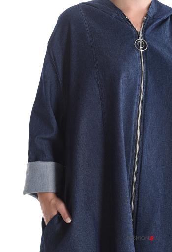 Giacca in Cotone lungo denim maniche lunghe con zip con cappuccio - ph 4