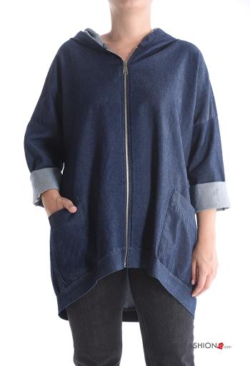 Giacca in Cotone denim con zip con tasche con cappuccio