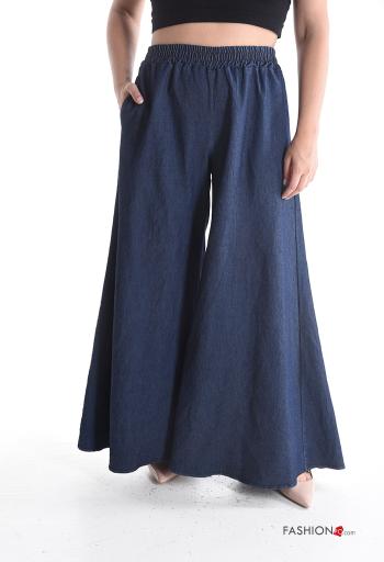 Calças em Algodão denim boca de sino longo com bolsos com elástico