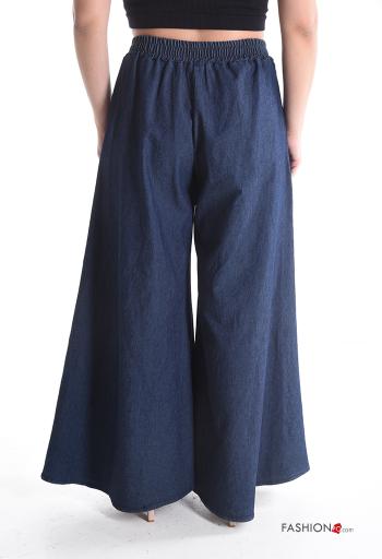 Calças em Algodão denim boca de sino longo com bolsos com elástico - ph 2
