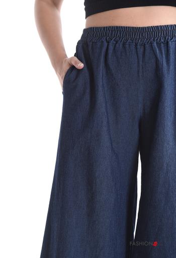 Calças em Algodão denim boca de sino longo com bolsos com elástico - ph 4
