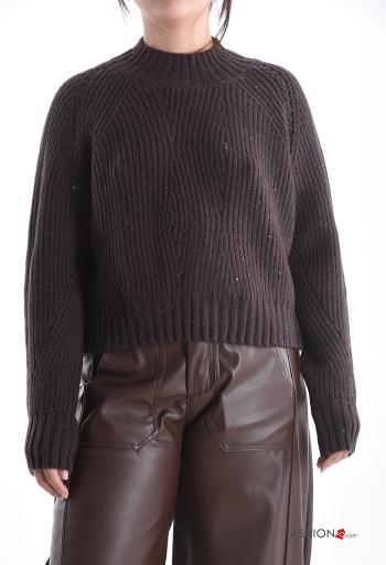 Gerippte u-boot ausschnitt lange ärmel Strickpullover mit Pailletten