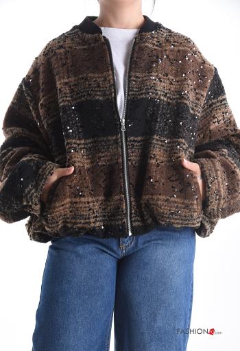 Tartan-Muster Bomberjacke aus Wollmischung mit Pailletten mit Reißverschluss mit Taschen - ph 1