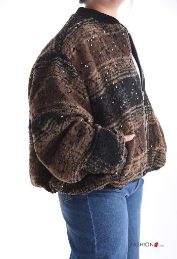 Tartan-Muster Bomberjacke aus Wollmischung mit Pailletten mit Reißverschluss mit Taschen - ph 3
