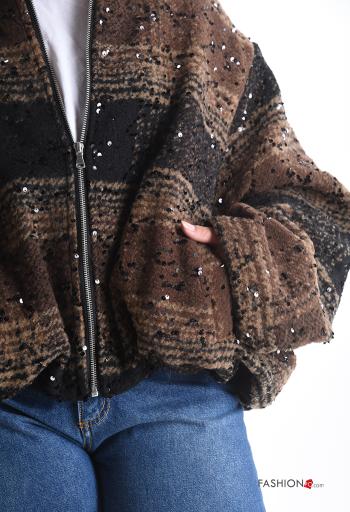 Tartan-Muster Bomberjacke aus Wollmischung mit Pailletten mit Reißverschluss mit Taschen - ph 4
