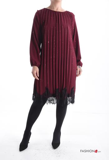 Vestido cuello redondo manga larga con plisado encaje por la rodilla con lentejuelas - ph 1