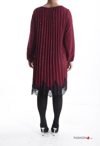 Vestido cuello redondo manga larga con plisado encaje por la rodilla con lentejuelas - ph 2