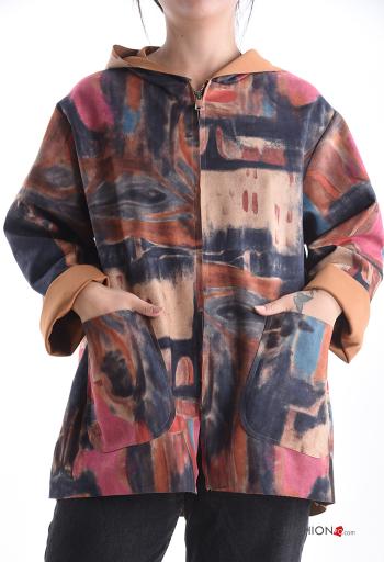 Giacca camoscio maniche lunghe Fantasia astratta senza fodera con tasche con zip con cappuccio